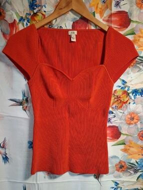 River Island Ribbed Short-Sleeve Top in Coral Red Size 6